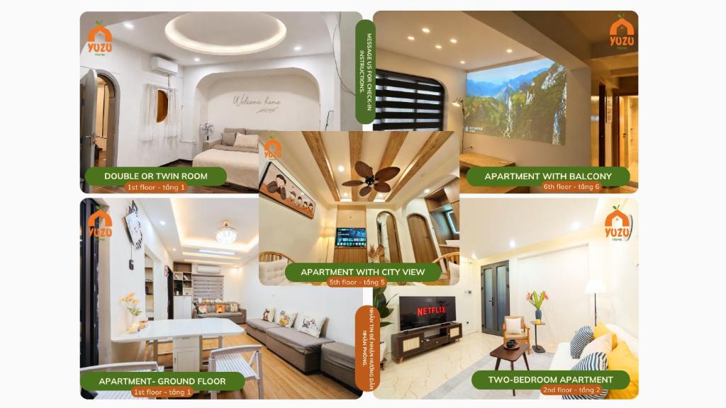 a collage of four pictures of a house at Yuzu Home Hang Voi in Hanoi