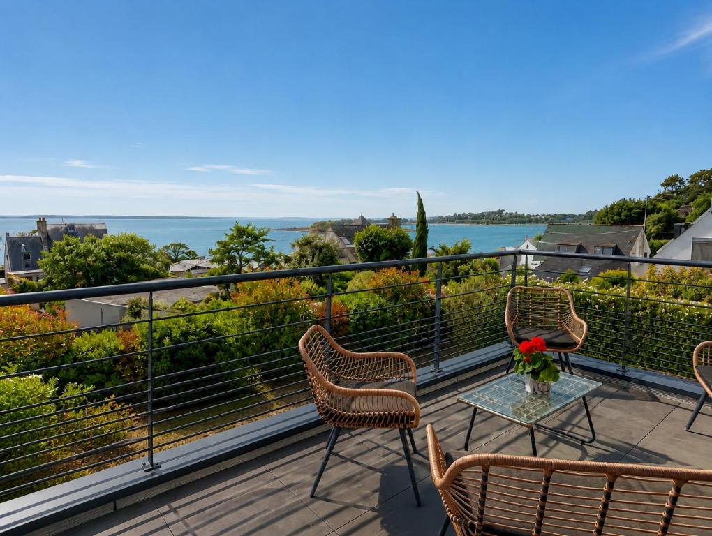 a balcony with chairs and a table with a view at L'Odyssée - Villa Vue Mer & Terrasse - 100m de la Mer in Séné
