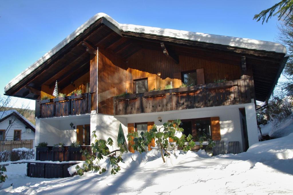 a house in the snow with a balcony at Apartments Haus Martin in Bayerisch Eisenstein