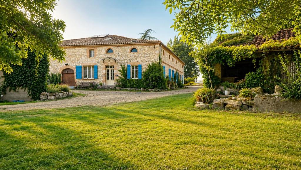 an old stone house with blue windows and a yard at Ferme du Grand Breton - Chambres et Table d'hôtes in Beaumont-de-Lomagne
