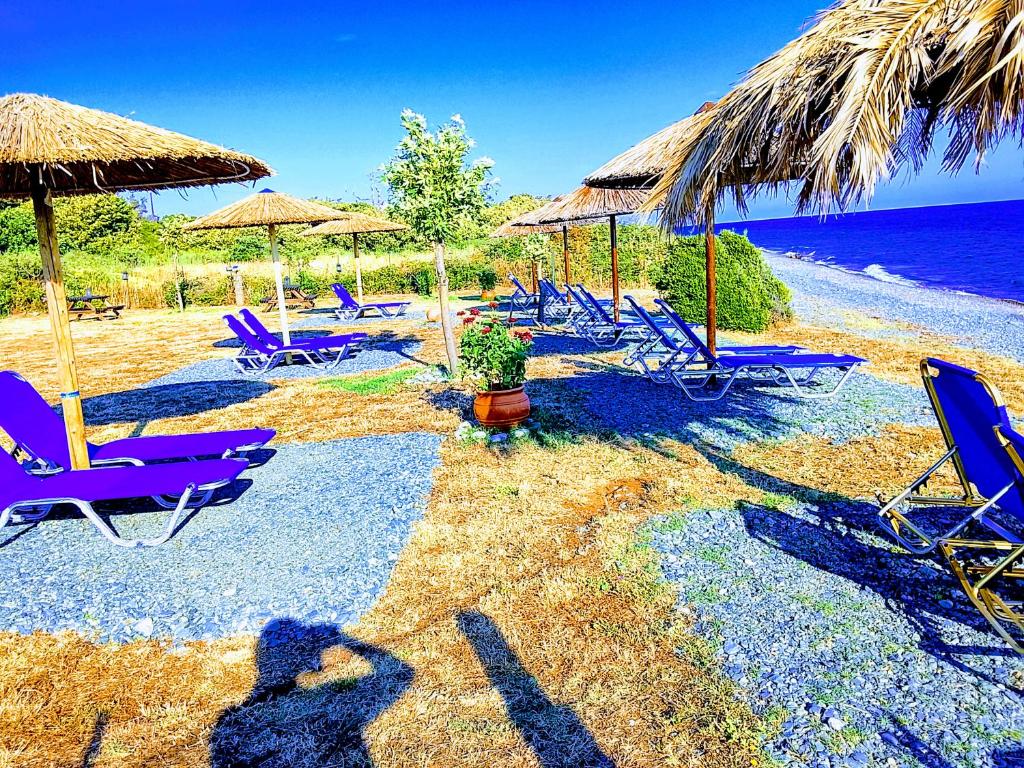 a group of chairs and umbrellas on a beach at Asprovalta Rooms in Kariotes