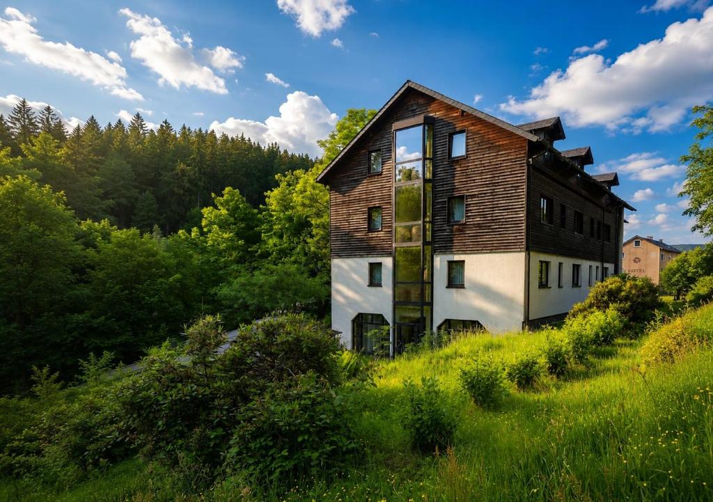 an old house on a hill in a field at Garden Depandance Am Bach in Kurort Altenberg