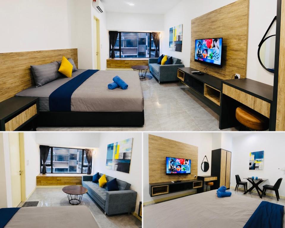 a hotel room with a bed and a tv at Imperio A1910 Studio Bathtud Netflix Parking in Malacca