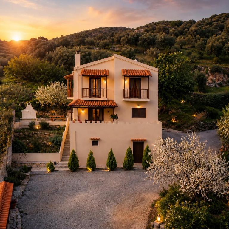an image of a house with the sunset in the background at Aori Hillside Villa in Kántanos