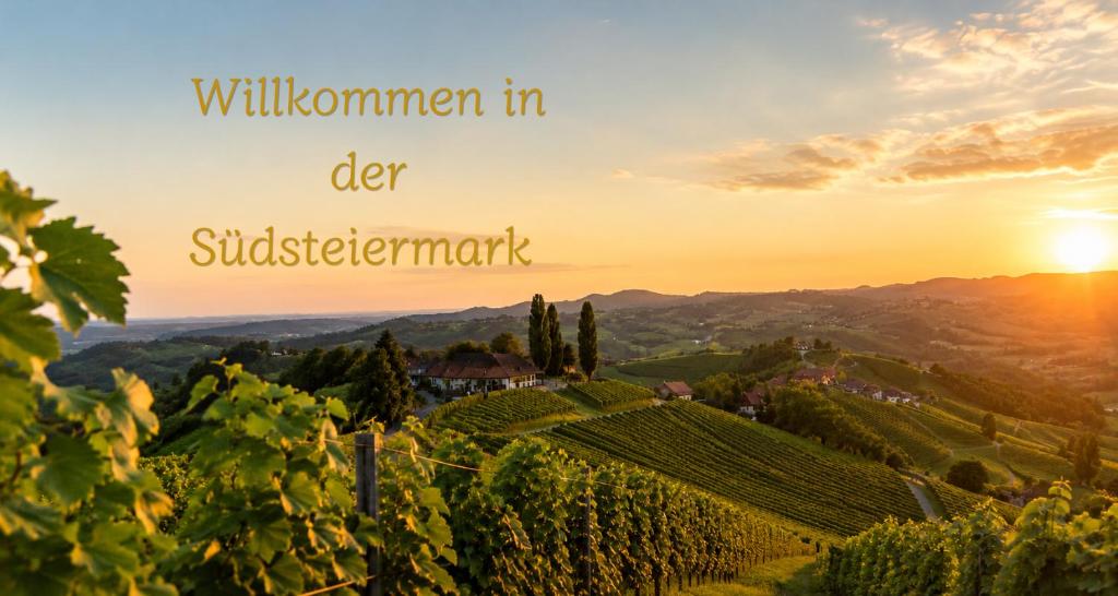 a view of a vineyard at sunset with the words winemaking in der at Bed&Breakfast AmWeinberg in Gamlitz