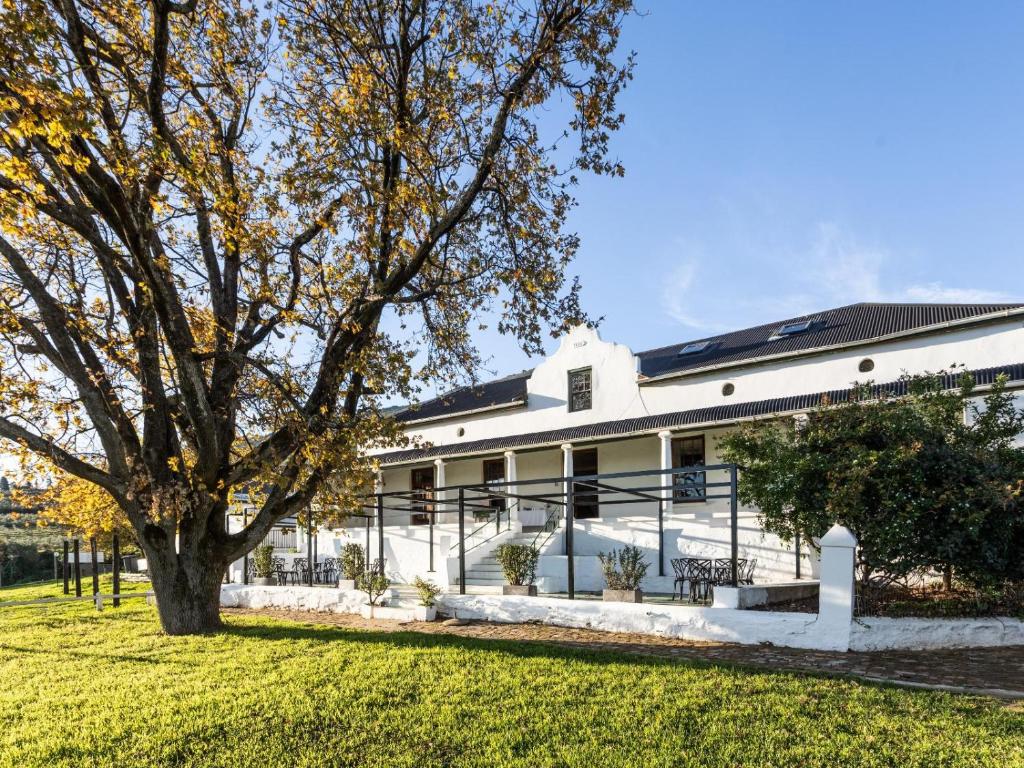 a white building with a tree in the foreground at Goedgedacht Farm in Malmesbury