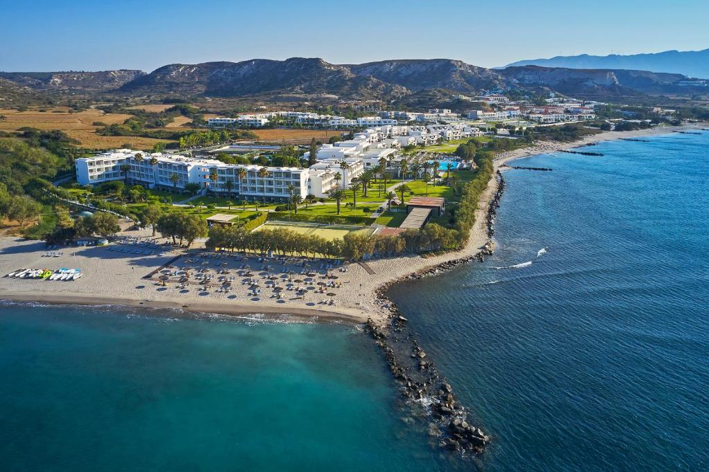 an aerial view of a resort on the beach at Atlantica Beach Resort Kos in Kardamaina