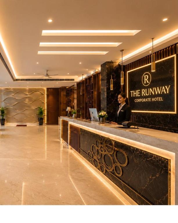 a woman sitting at a counter in a hotel lobby at The Runway Corporate Hotel IGI Delhi Airport Terminal-3 With Free Airport Pickup in New Delhi