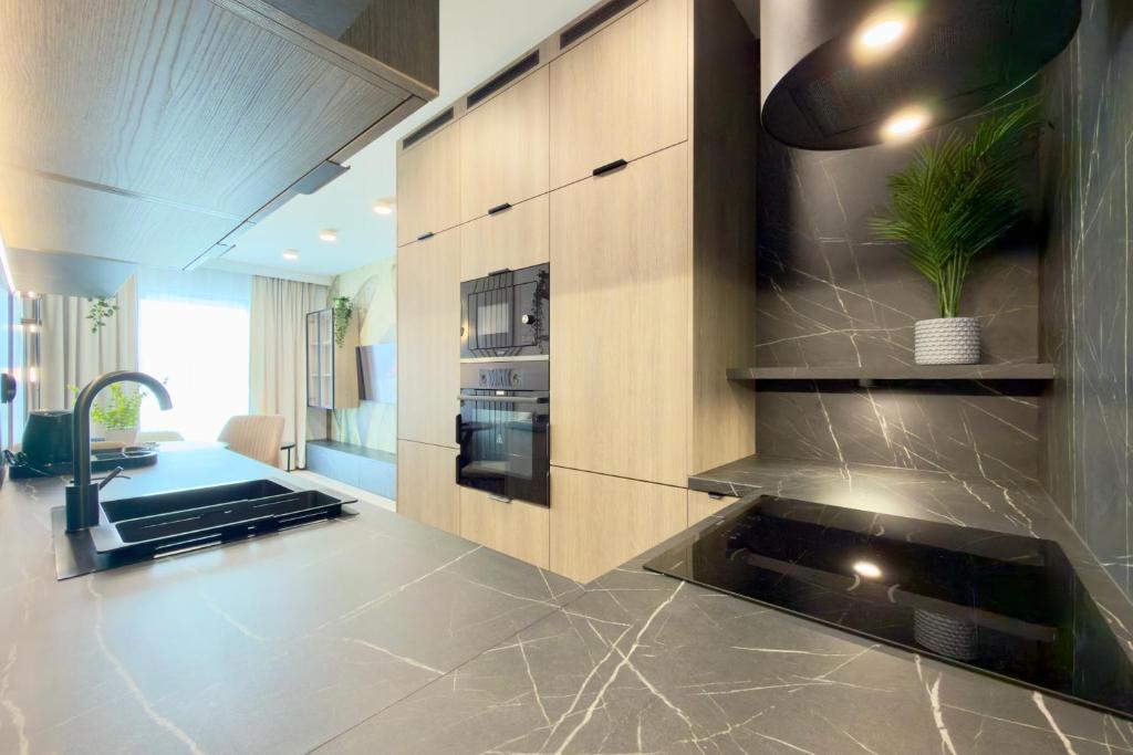 a kitchen with a sink and a stove in it at Apartament Stara Fabryka 42 in Włocławek