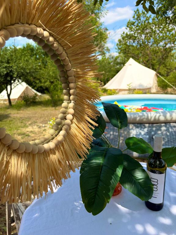 a bottle of wine sitting on a table with a plant at The Ozorian Rooms & Glamping in Ozora