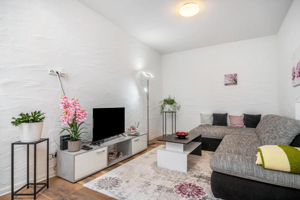 a living room with a couch and a tv at Danma Ferienwohnung Apartment Eifel in Laubach