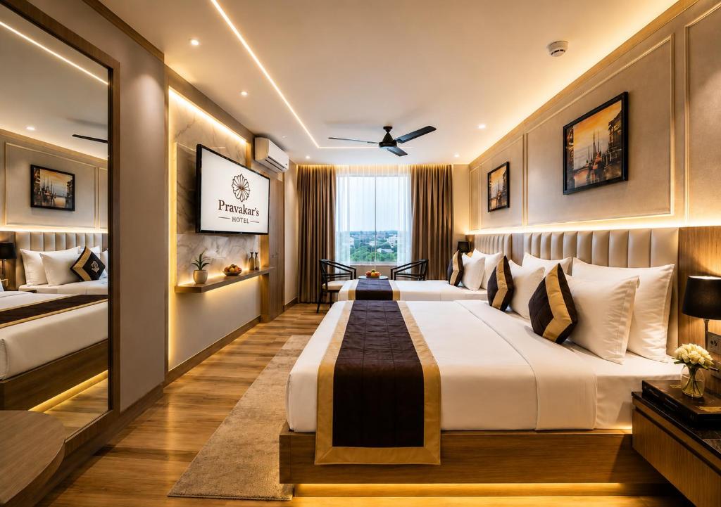 a hotel room with a large bed and a window at Hotel The Venue At Delhi Airport IGI in New Delhi