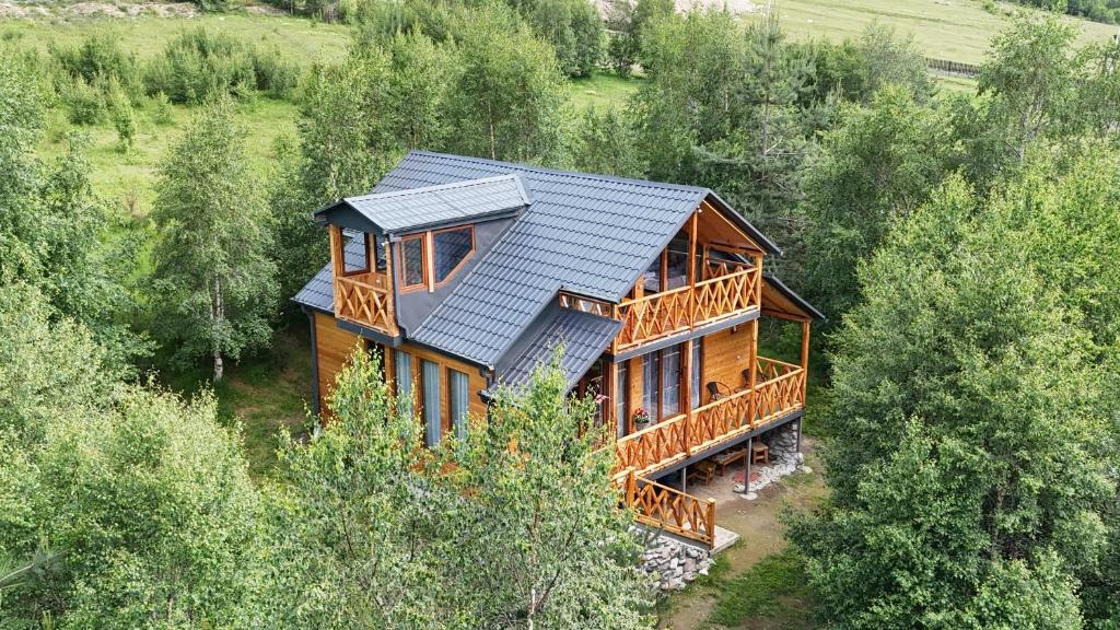 an overhead view of a wooden house in the woods at SymphonyA in Gorists'ikhe