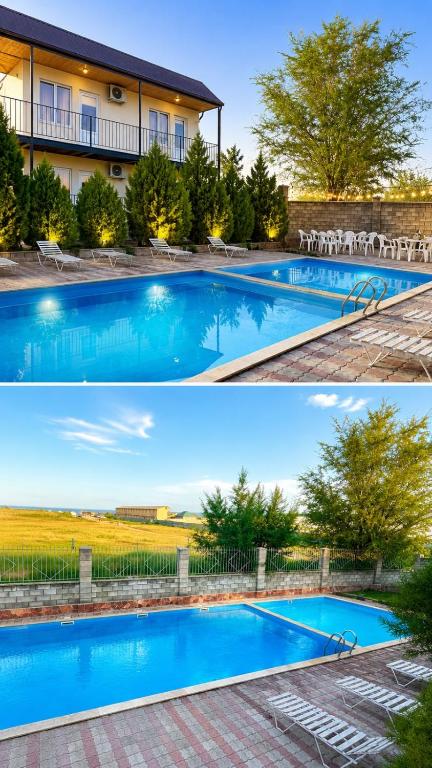 two pictures of a swimming pool in front of a house at Familia Капчагай in Kapchagay