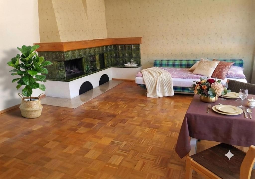 a living room with a bed and a fireplace at Ein Zuhause auf Zeit in Osterburg