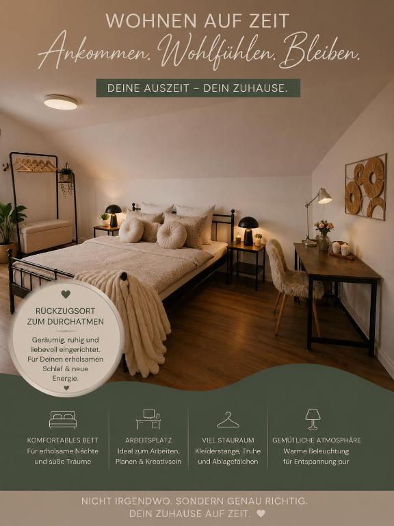 a poster of a bedroom with a bed and a desk at Schlosspartie stilvolle Ferienwohnung an der Nordsee in Sande