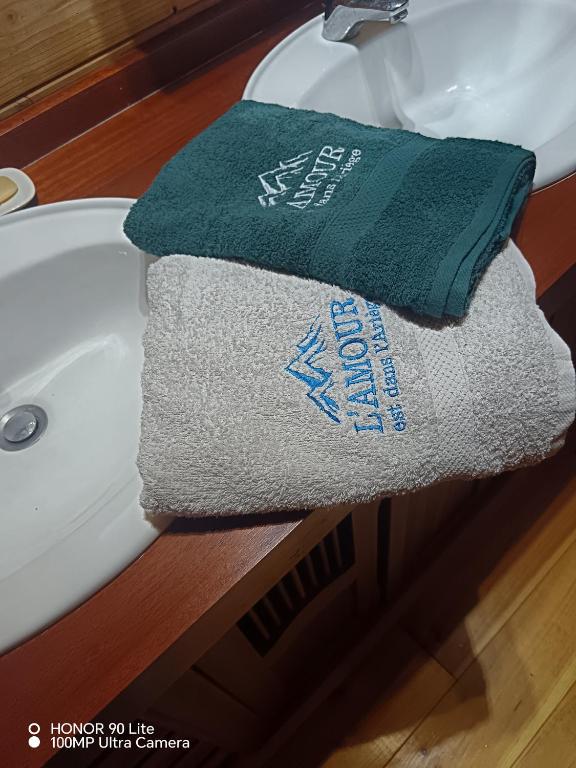 a towel sitting on top of a bathroom sink at Maison chaleureuse en Ariège in Roquefort-les-Cascades