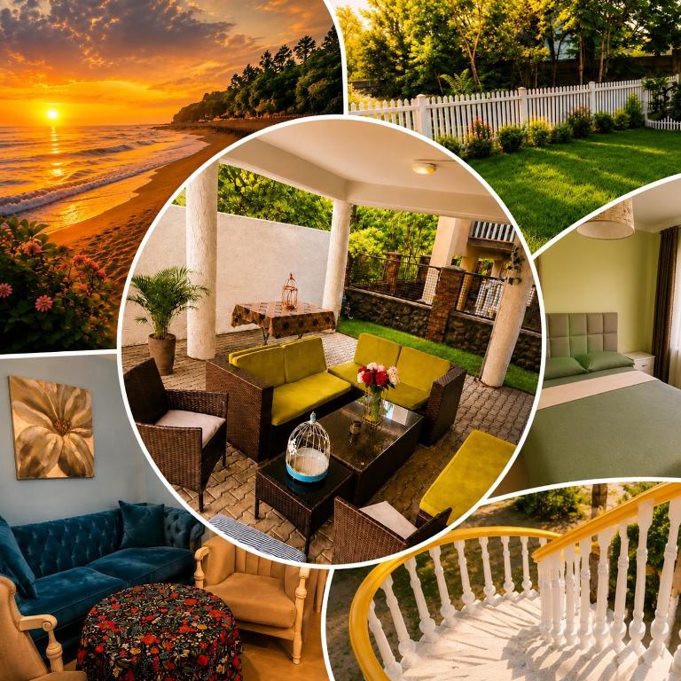 a collage of photos of a house with a sunset at Sea & Sun Grigoleti in Grigoleti