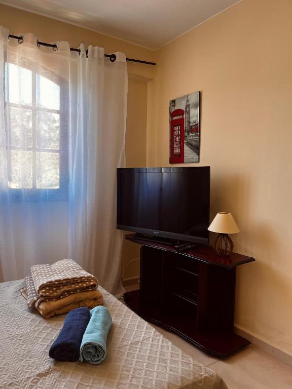 a bedroom with a bed with a flat screen tv at Encanto da Serra 2 in Miguel Pereira