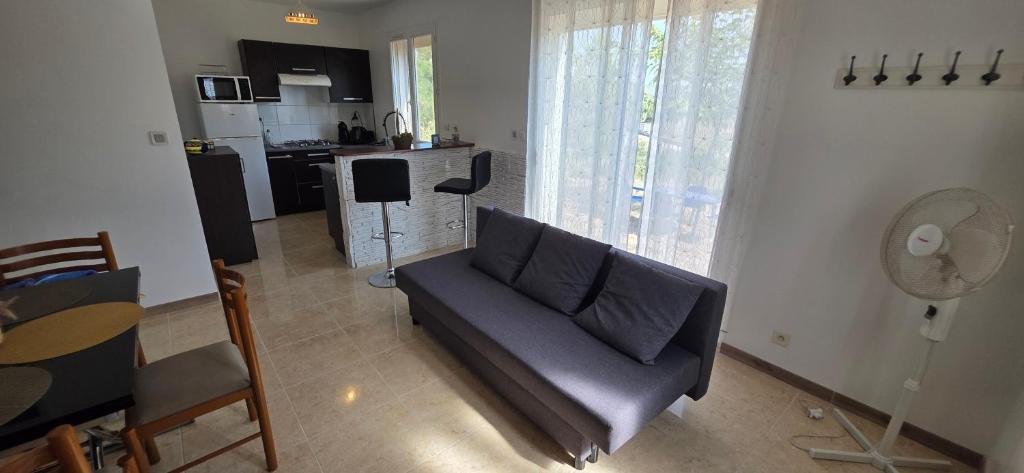 a living room with a couch and a kitchen at Maison rénovée avec terasse et jardin privé, aéroport et Aix-en-Provence à 15 minutes in Velaux