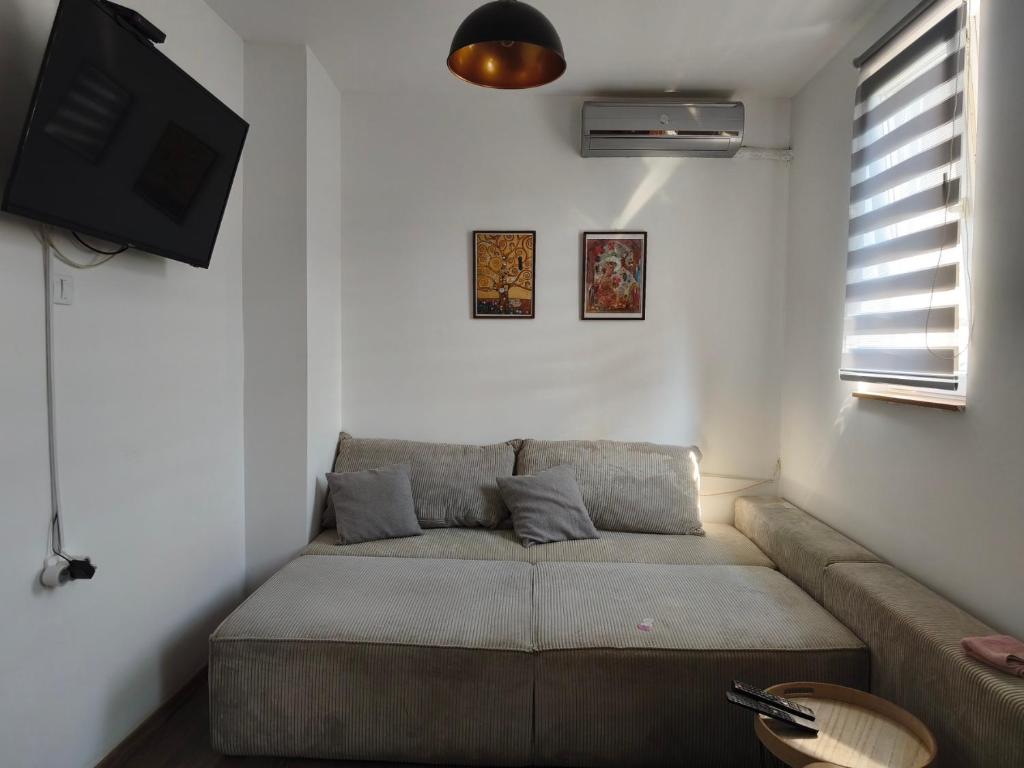 a living room with a couch and a flat screen tv at Cozy 5 in Belgrade