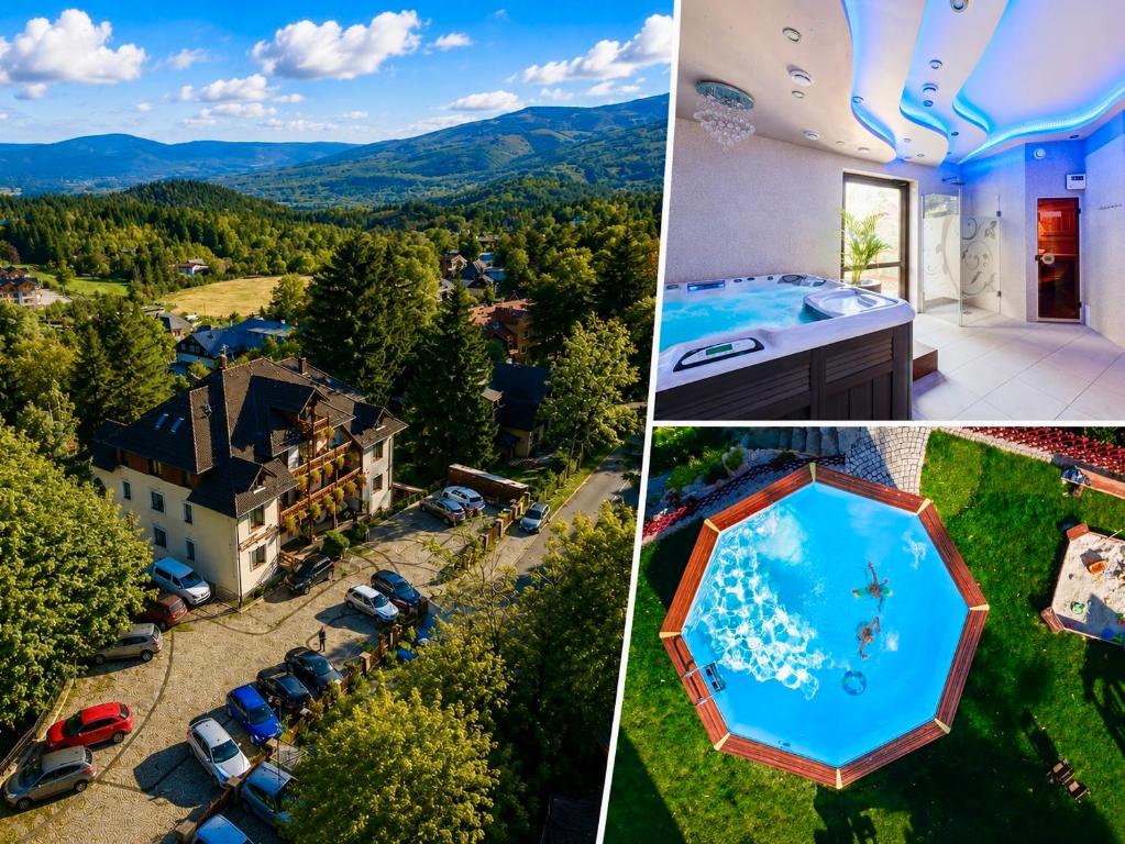 a collage of pictures of a house with a swimming pool at Karkonoski SPA - Bufet mini All Inclusive gratis! in Karpacz