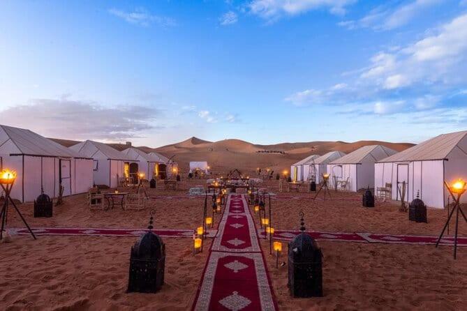 a group of tents in the desert with lights at Sahara Starlight camp in Merzouga