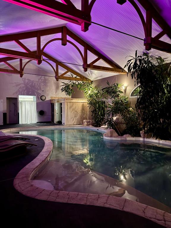 a swimming pool in a house with a purple lighting at Hôtel de la Louée in Haute-Goulaine