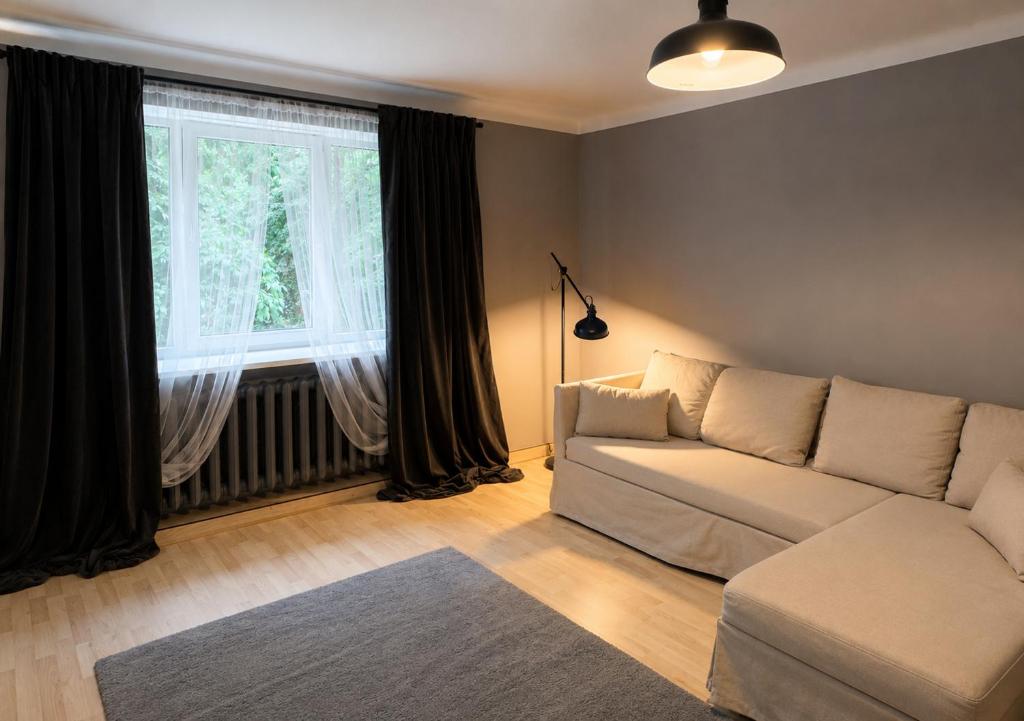 a living room with a couch and a window at City Center apartment in Jelgava in Jelgava