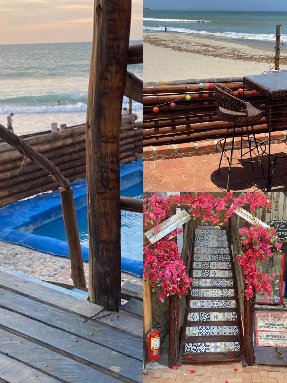 a collage of two pictures of the beach and flowers at Mancora Apartments in Máncora