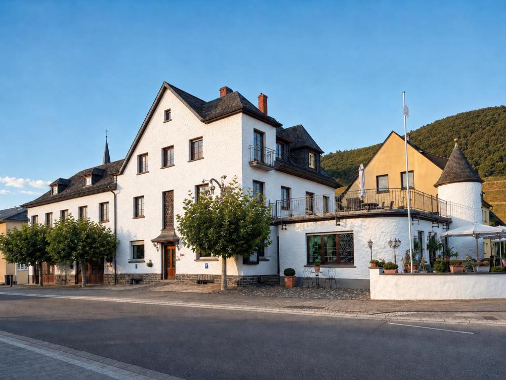 a large white building on the side of a street at Galerie Riesling in Trittenheim