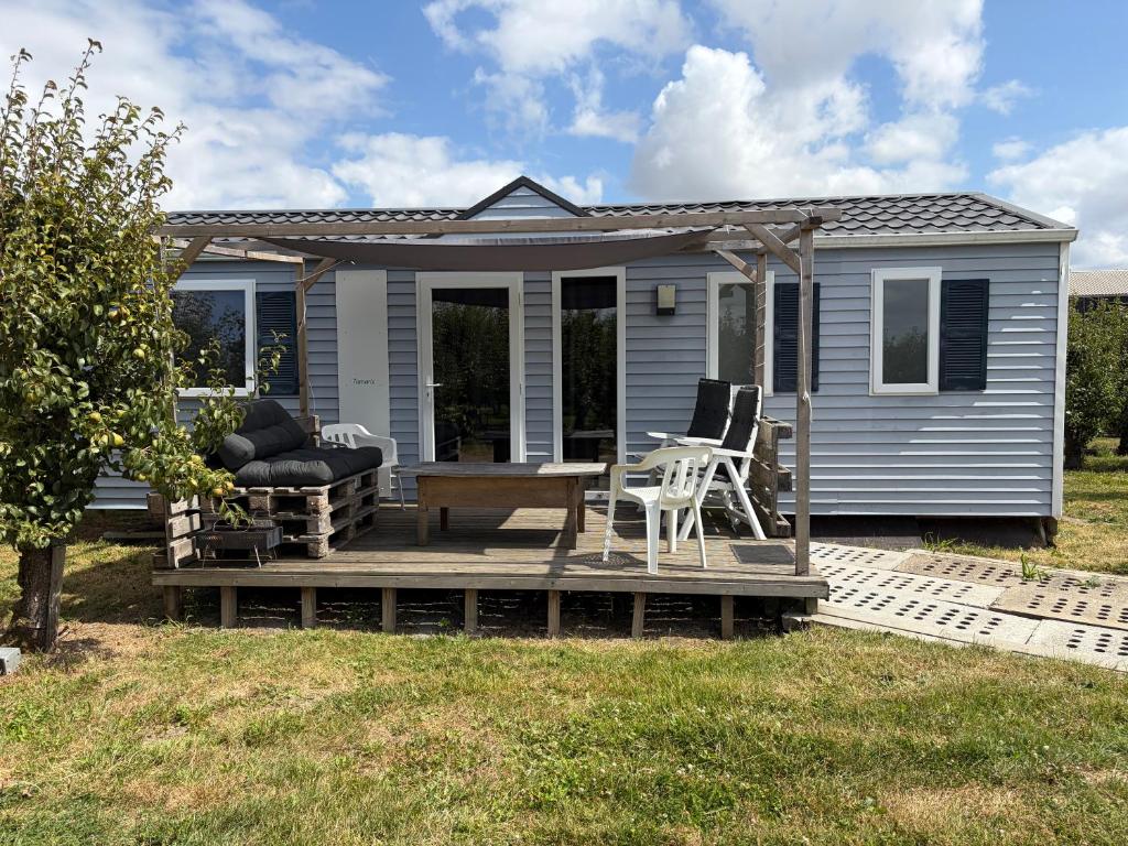 a blue house with a deck with a table and chairs at Chalet Conference in Hengstdijk