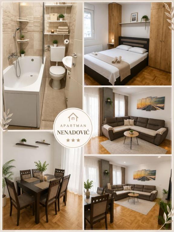 a collage of photos of a bedroom and a hotel room at Lux apartman Ub II in Ub
