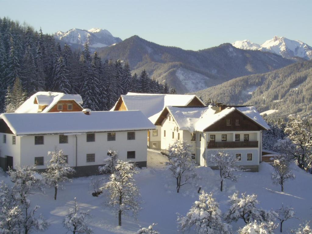 a group of buildings in the snow with mountains at Klein Schöntal in Göstling an der Ybbs