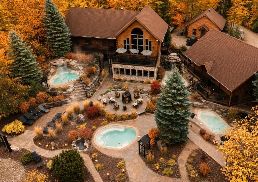 an aerial view of a house with two swimming pools at Natur'Eau Chalets & Spa in Mandeville