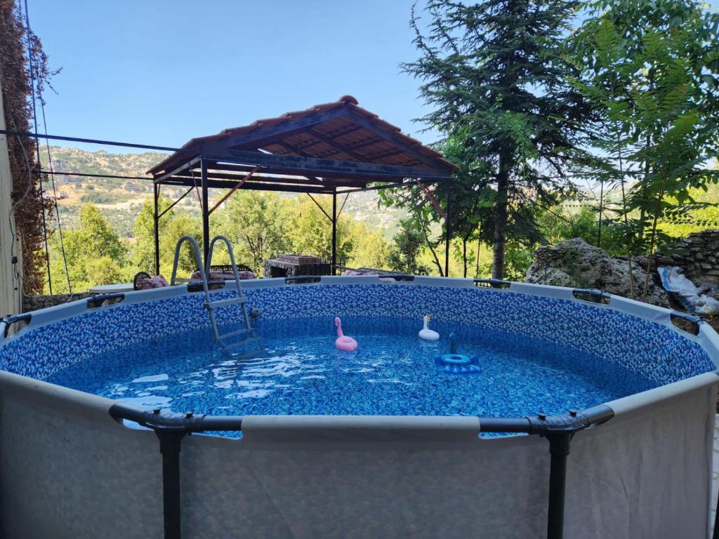 a hot tub with two flamingos in it at Beit Rifi Mountain Escape, with intex pool, Feitroun in Al ‘Aqabah