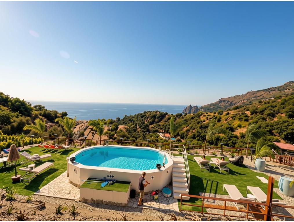 a person standing in front of a swimming pool at Tenuta Bellassai in SantʼAlessio Siculo