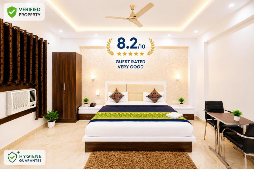a bedroom with a bed and a sign on the wall at Hotel Star Palace -Affordable Premium Rooms Near Taj mahal in Agra