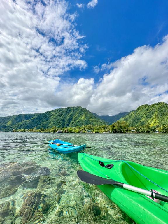 a group of boats on a body of water at Teahupo'o Lodge Tahiti - Maison familiale au cœur du village - Canoës inclus in Teahupoo