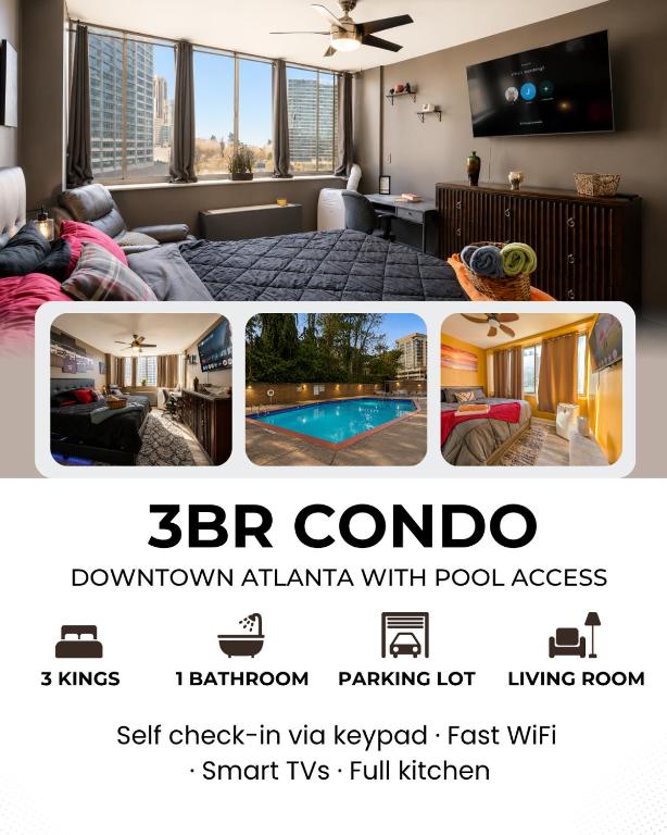 a advertisement for a condo in a hotel room at Beautiful 3BR Condo in DTWN Pool Access in Atlanta