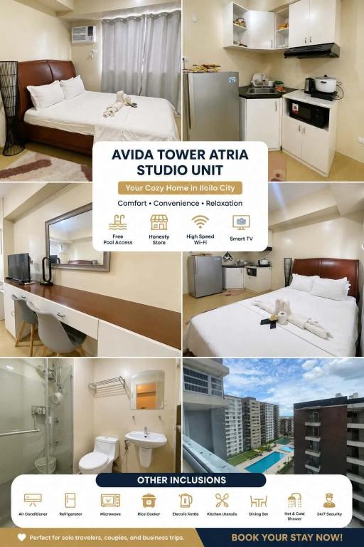 a collage of pictures of a hotel room at 1008 T2 Avida Tower Atria Comfy Cozy in Iloilo City
