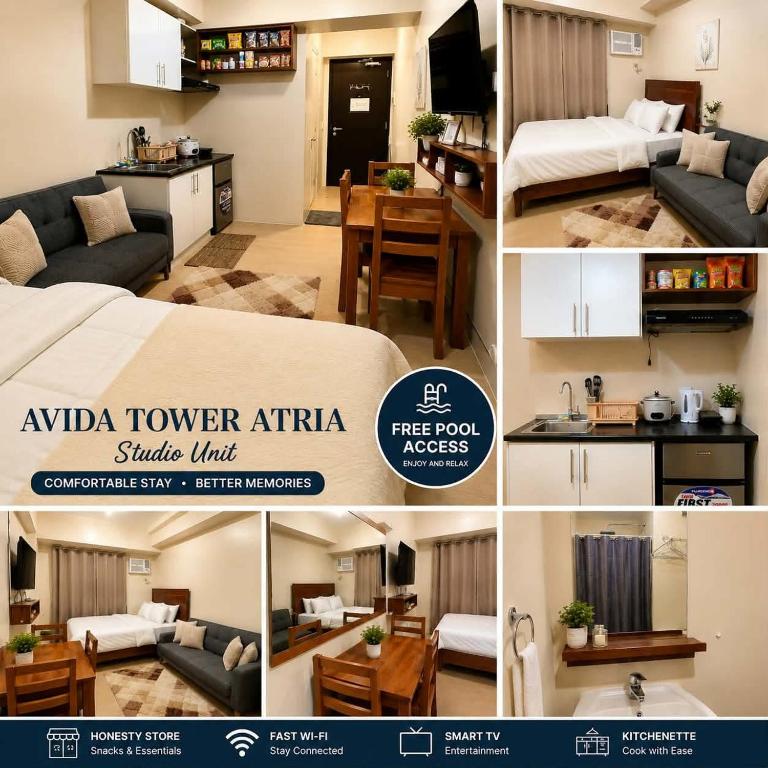 a collage of photos of a living room and a bedroom at 427 Tower 3 Avida Iloilo Pool View Comfy Cozy Central in Iloilo City