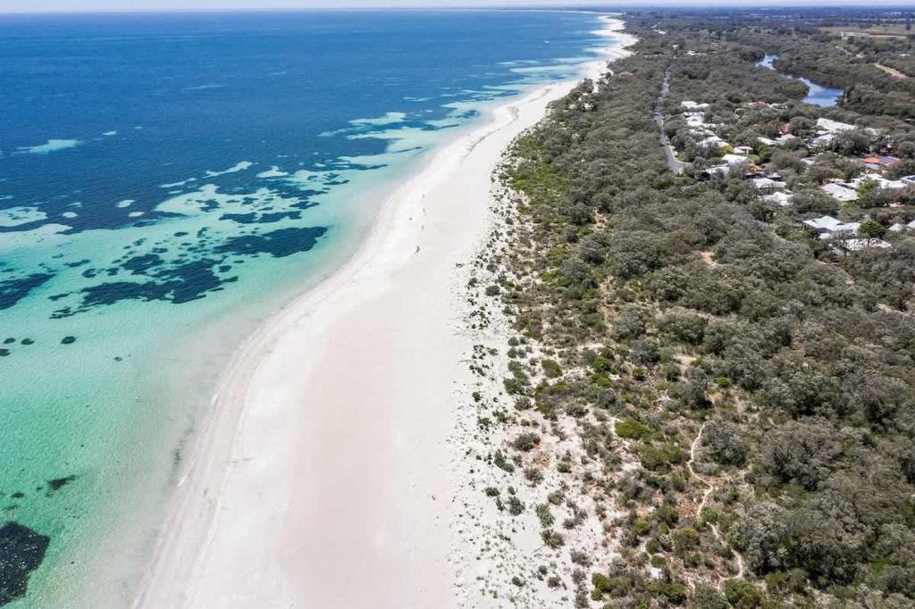 an aerial view of a beach and the ocean at Banksia at Whitesands - Villa 5 Loft-Style Living by the Bay in Dunsborough