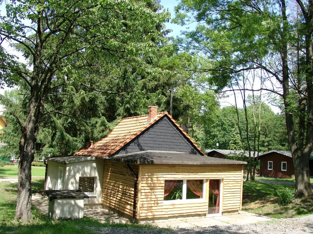 uma pequena cabana de madeira com um telhado inclinado em Hexenhaus am Waldesrand Wernigerode em Wernigerode