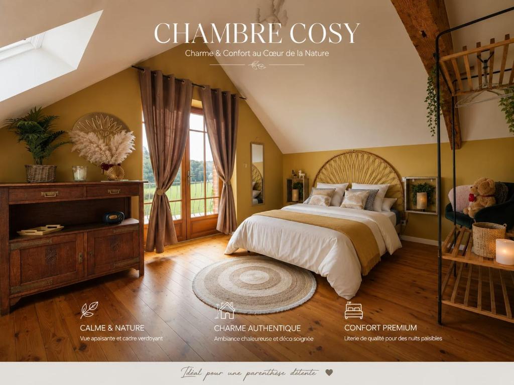 a poster of a bedroom with a bed and a staircase at Chez Sam et Brice in Saint-Georges-Buttavent