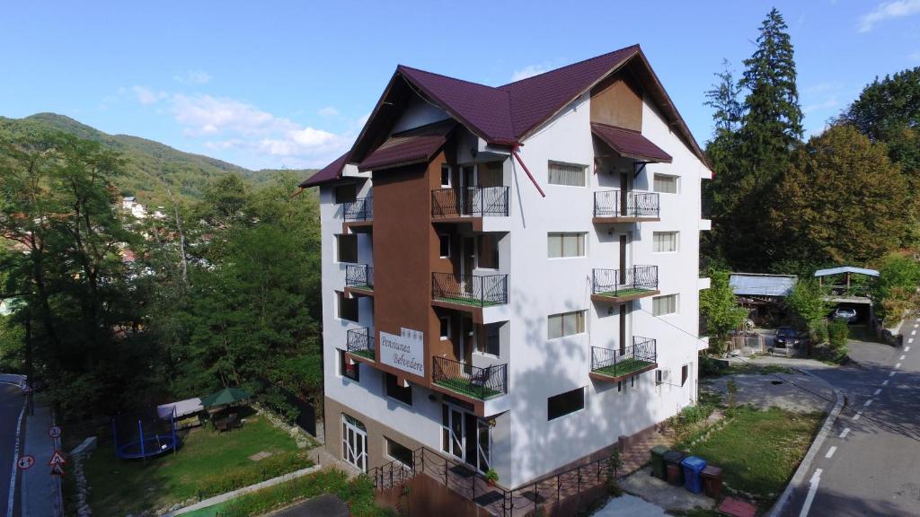 ein Apartmenthaus mit einem Gamerleitdach in der Unterkunft Belvedere Olanesti in Băile Olăneşti