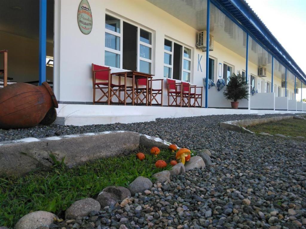 a pile of oranges on the ground in front of a building at jibo in Grigoleti
