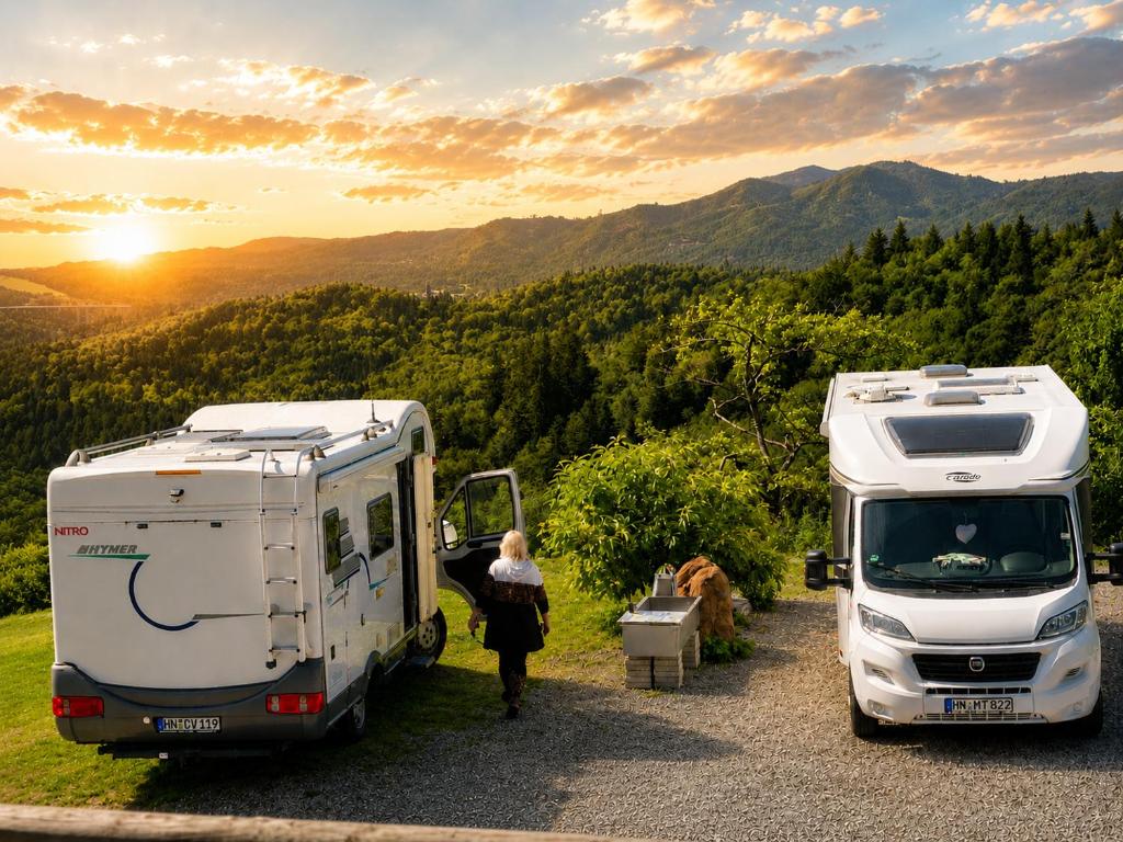 a woman standing next to a camper and a truck at Camp Starshine near Bled in Begunje na Gorenjskem