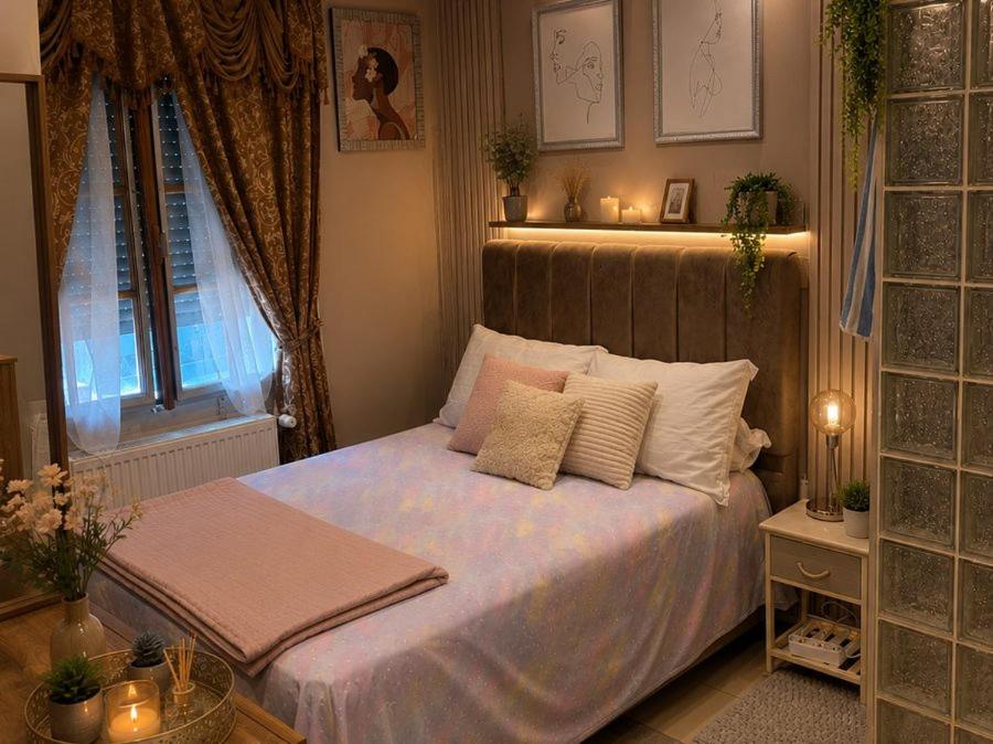 a bedroom with a bed with pillows and a window at Elegancia del JJM in Annemasse