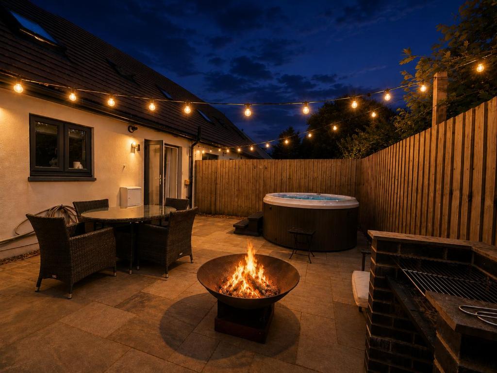 a patio with a fire pit and a fence with lights at Hawthorn Cottage in Tenby